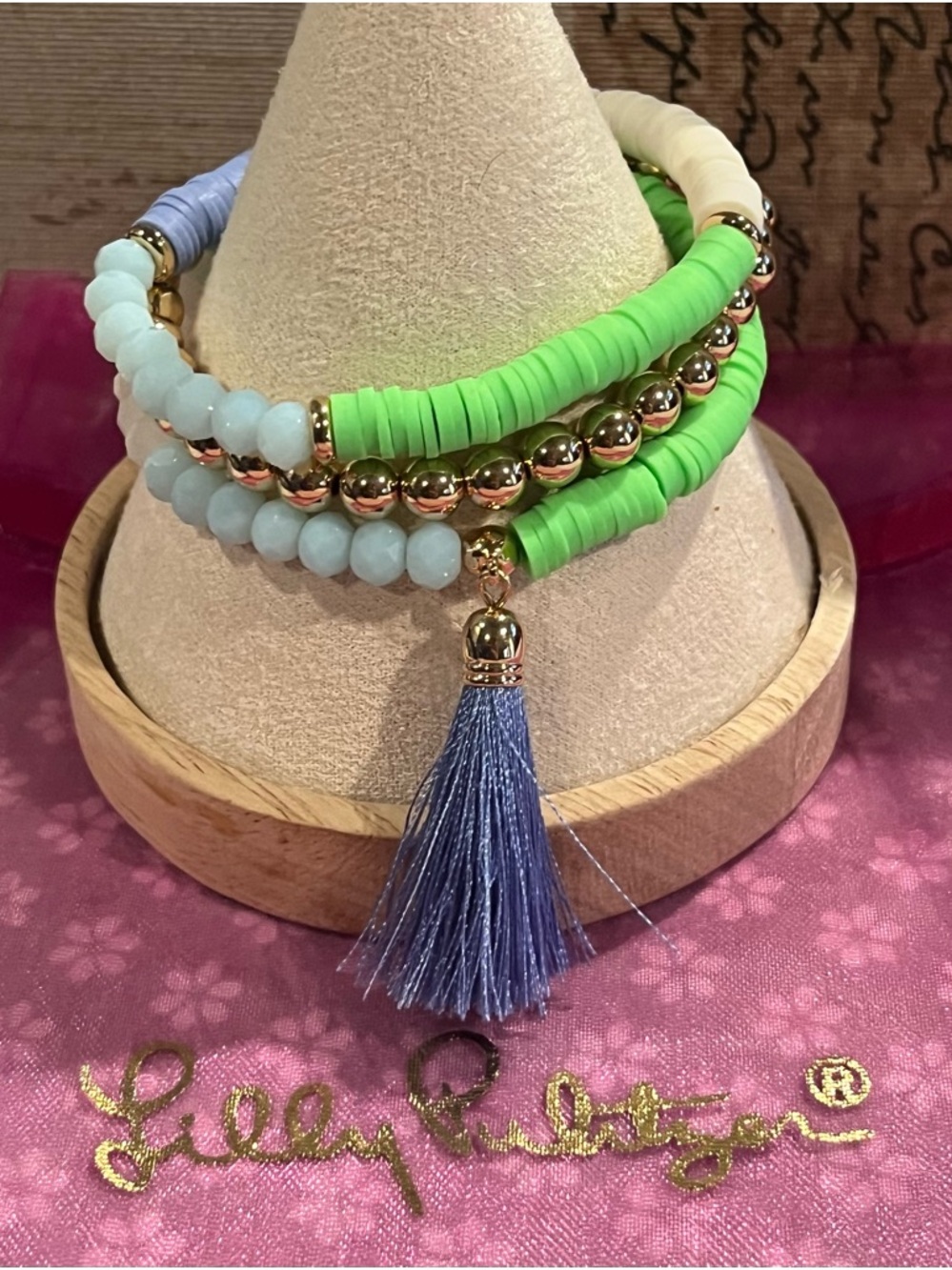 Lilly Pulitzer Green, Blue, Gold, White Beaded Bracelet Stack of 3 NWT